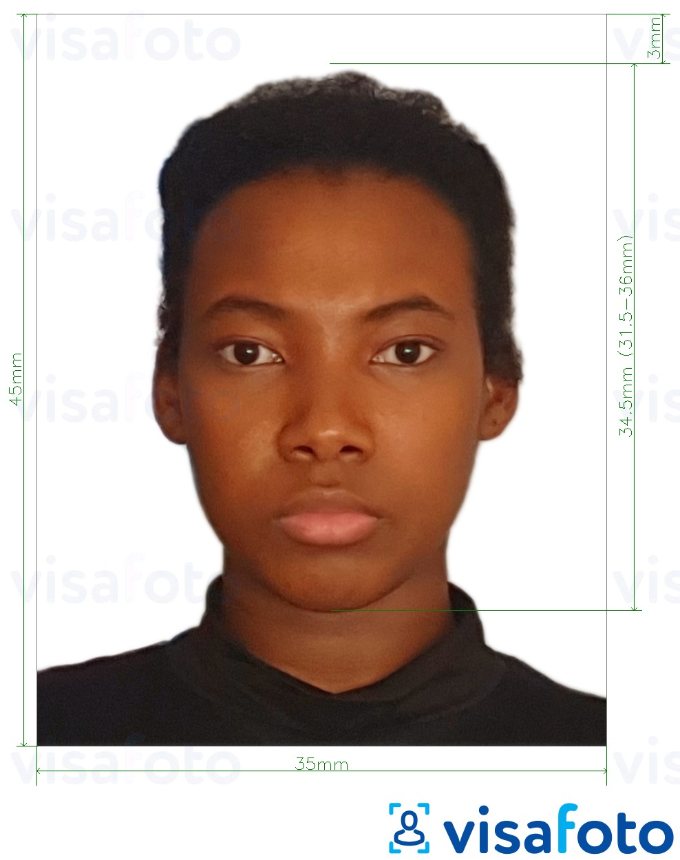 Contoh dari foto untuk Visa Ghana 3,5x4,5 cm (35x45 mm) dengan ukuran spesifikasi yang tepat