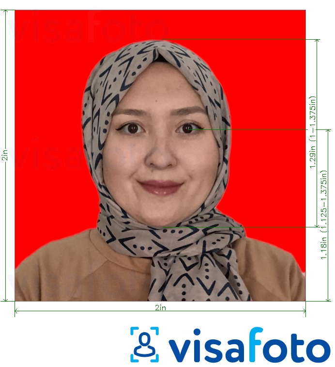 Contoh dari foto untuk Paspor Indonesia 51x51 mm (2x2 inci) dengan latar belakang merah dengan ukuran spesifikasi yang tepat