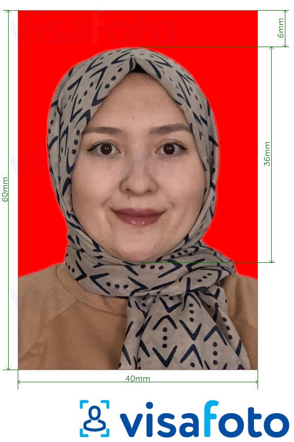 Contoh dari foto untuk Visa Indonesia berukuran 4x6 cm berlatar belakang merah dengan ukuran spesifikasi yang tepat