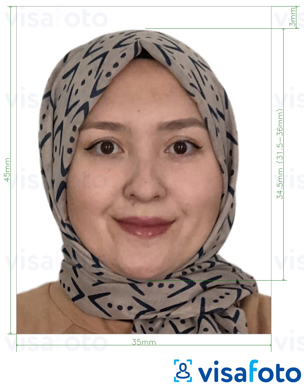 Contoh dari foto untuk Visa Afghanistan 35x45 mm (3,5x4,5 cm) dengan ukuran spesifikasi yang tepat