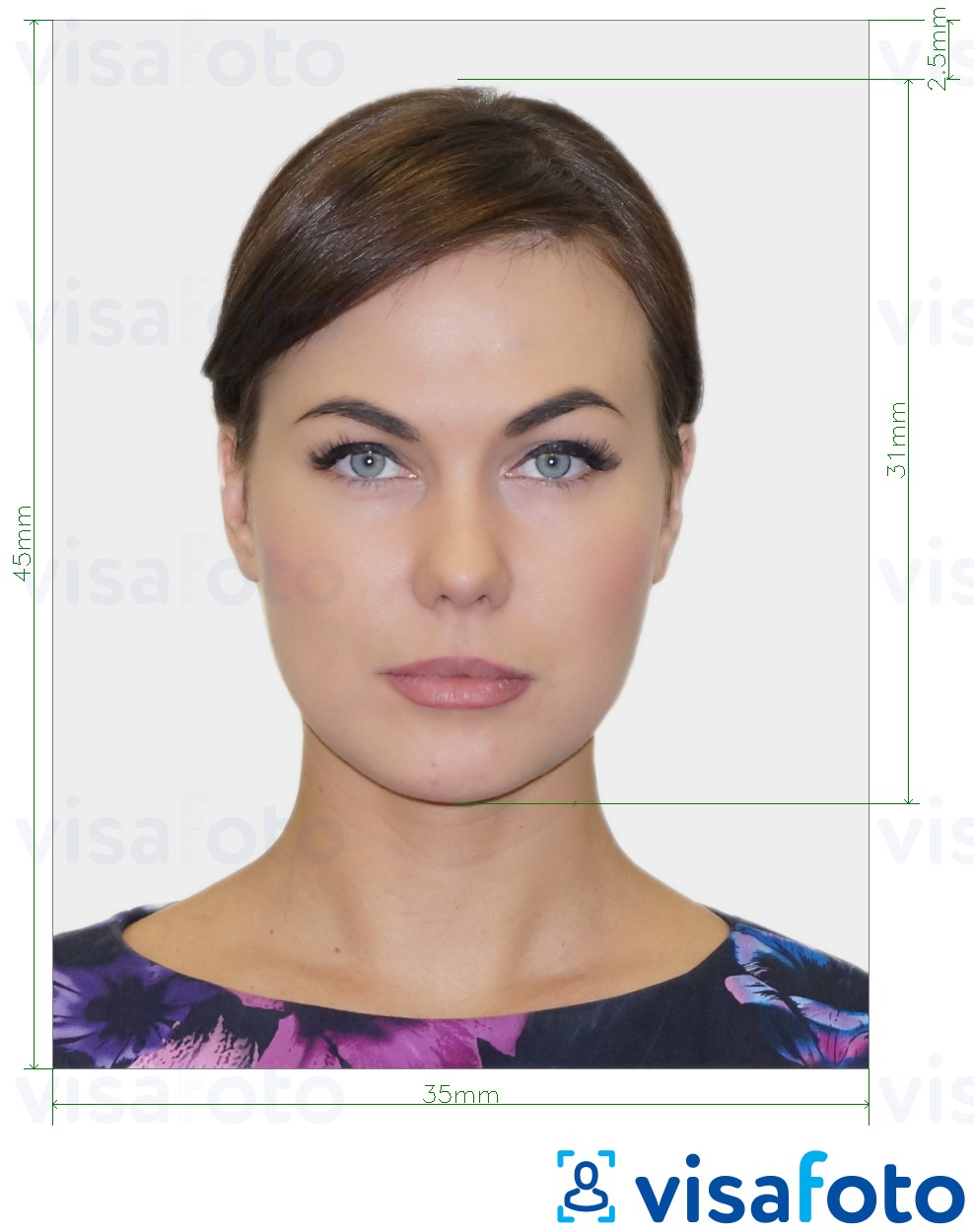 Contoh dari foto untuk Visa Belgia 35x45 mm (3,5x4,5 cm) dengan ukuran spesifikasi yang tepat
