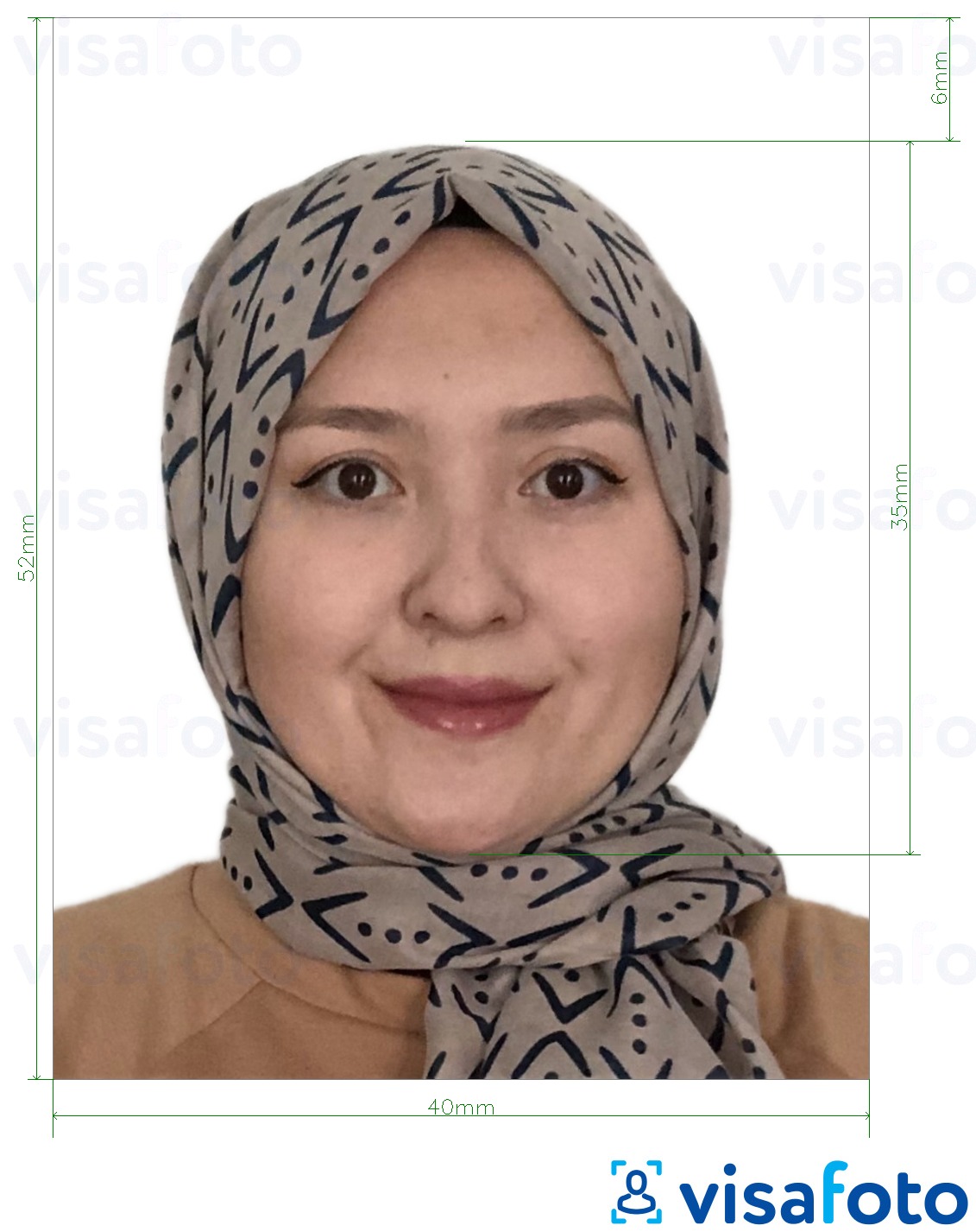 Contoh dari foto untuk Paspor Brunei 5.2x4 cm (52x40 mm) dengan ukuran spesifikasi yang tepat