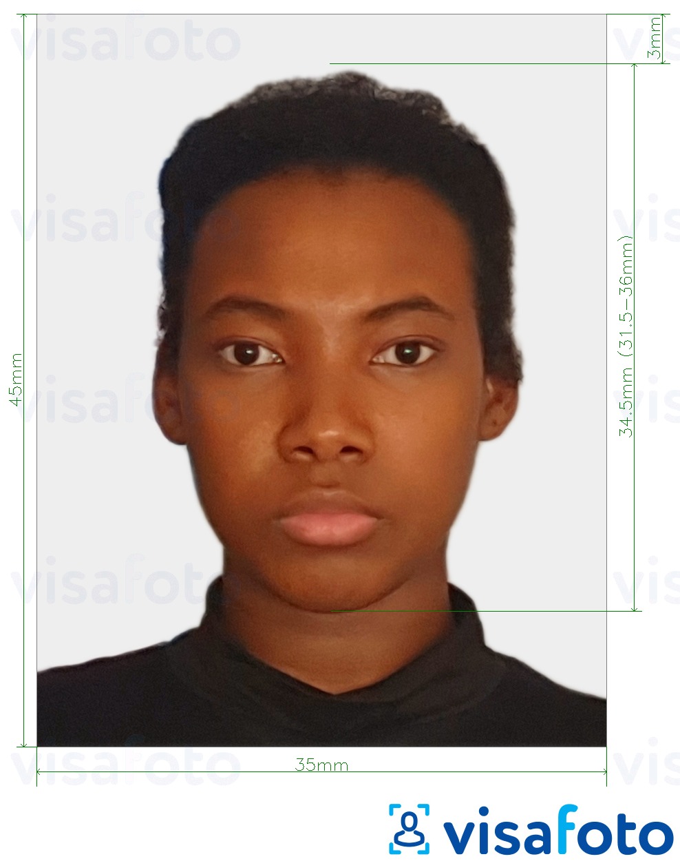 Contoh dari foto untuk Visa Cote d'Ivoire 4.5x3.5 cm (45x35 mm) dengan ukuran spesifikasi yang tepat