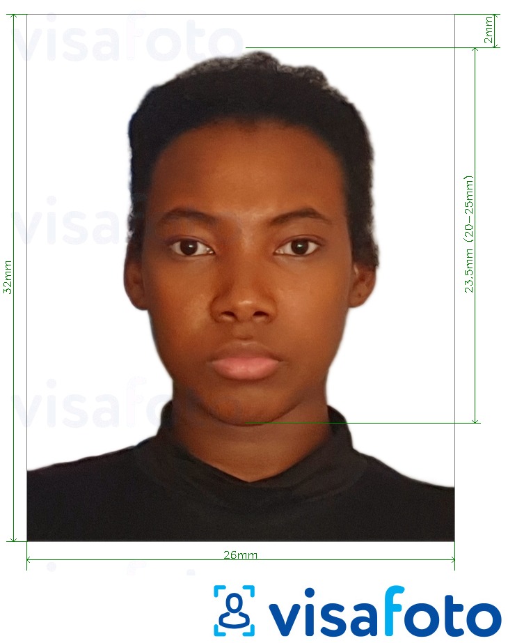 Contoh dari foto untuk Paspor Guyana berukuran 32x26 mm (1,26x1,02 inci) dengan ukuran spesifikasi yang tepat