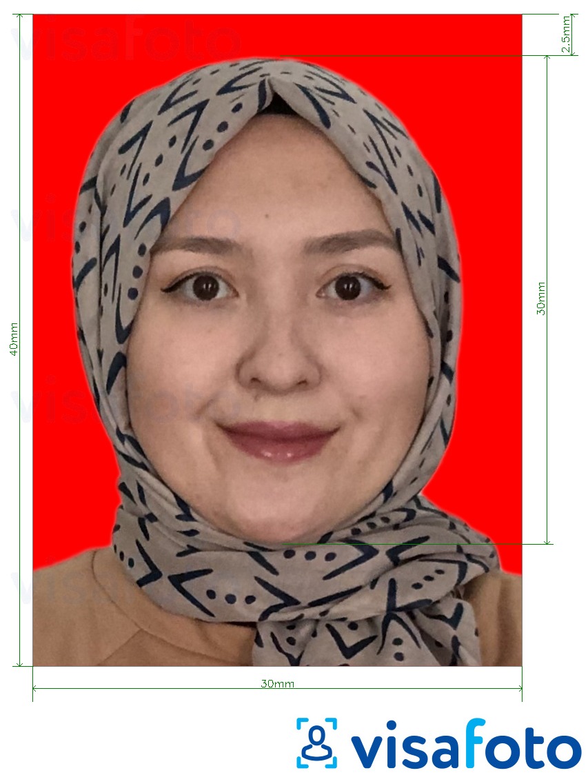 Contoh dari foto untuk Visa Indonesia 3x4 cm (30x40 mm) latar belakang merah online dengan ukuran spesifikasi yang tepat