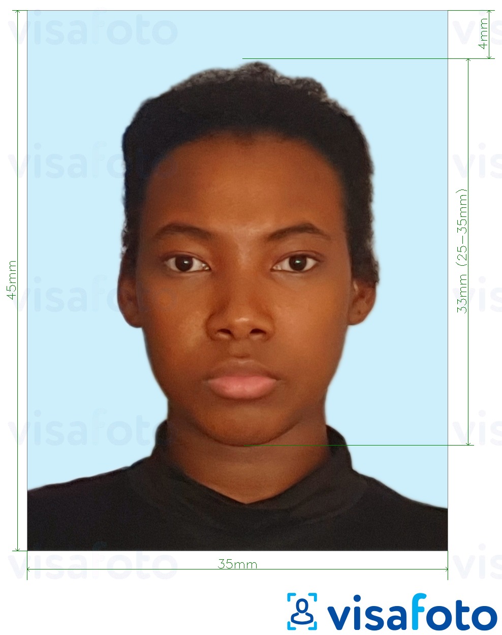 Contoh dari foto untuk Paspor Jamaika latar belakang biru pucat 35x45 mm dengan ukuran spesifikasi yang tepat