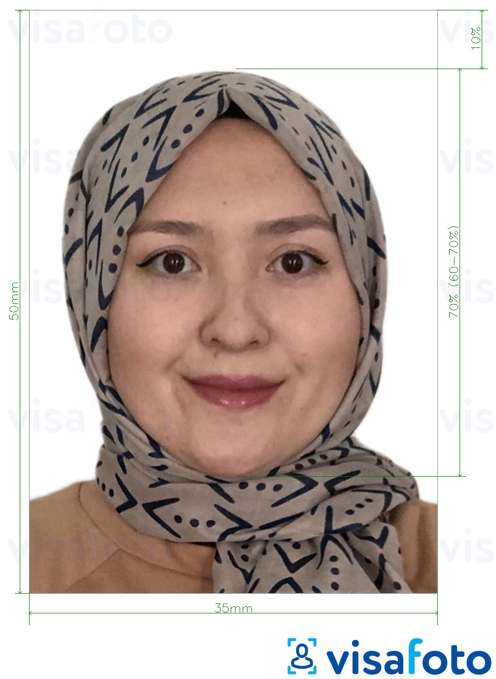 Contoh dari foto untuk Malaysia Visa 35x50 mm latar belakang putih dengan ukuran spesifikasi yang tepat