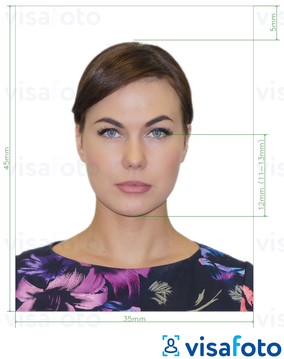 Contoh dari foto untuk Paspor Rusia (mata ke bawah dagu 12 mm), 35x45 mm dengan ukuran spesifikasi yang tepat