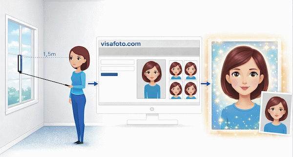 Ambil foto dengan smartphone atau kamera dengan latar belakang dinding yang terang, upload di sini dan dapatkan foto untuk visa, paspor atau ID sesuai format yang dibutuhkan.