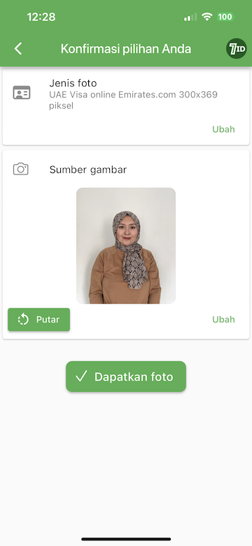 Aplikasi 7ID: Edit latar belakang foto visa Emirat